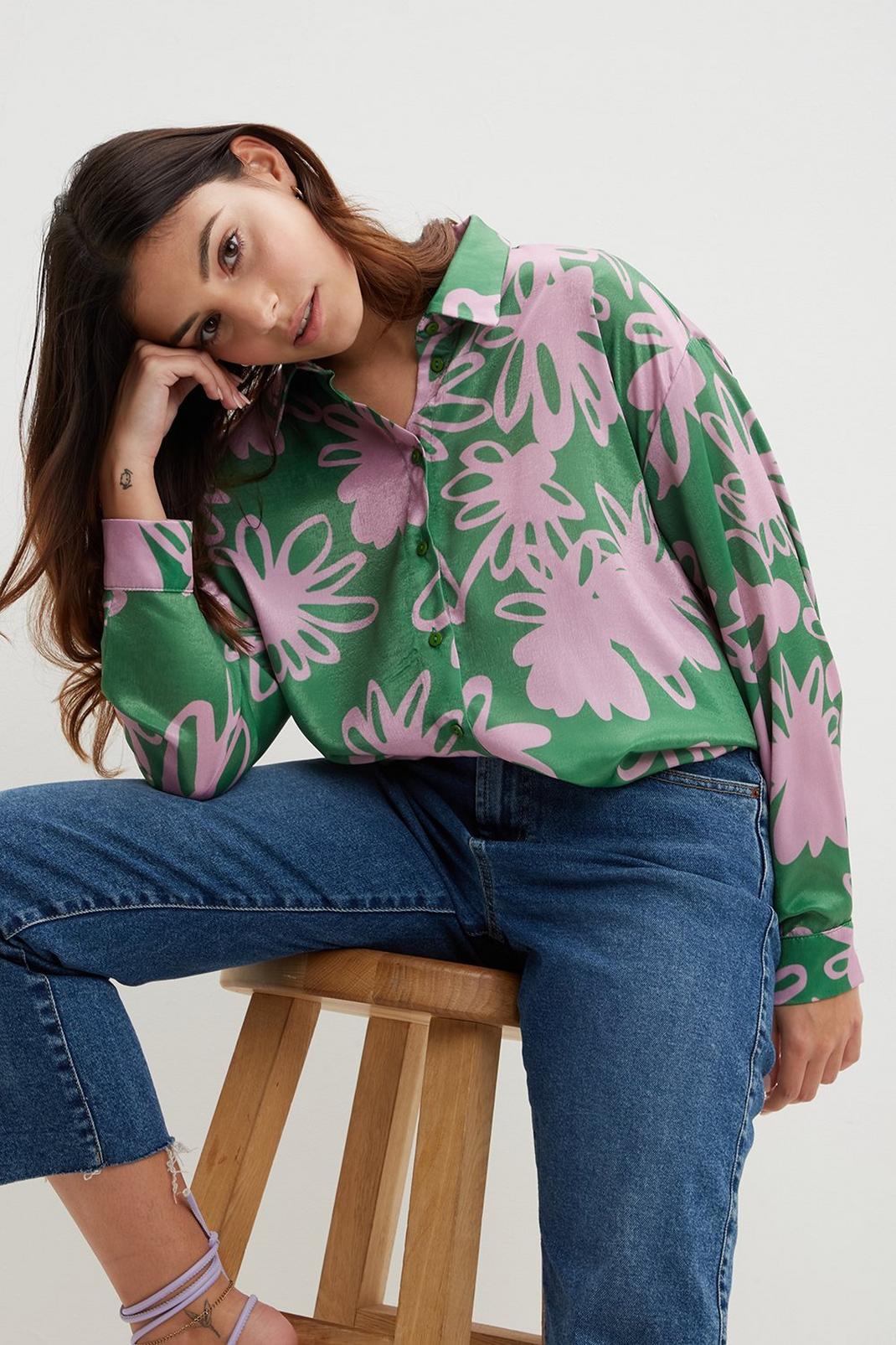 Petite Shadow Floral Oversized Satin Shirt image number 1
