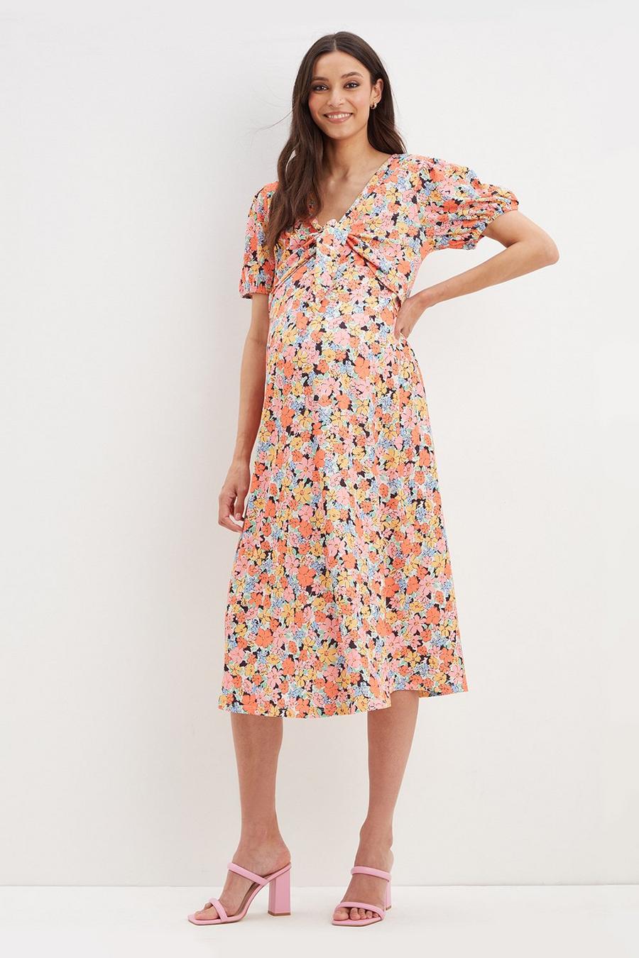 Maternity Printed Textured Tie Front Dress