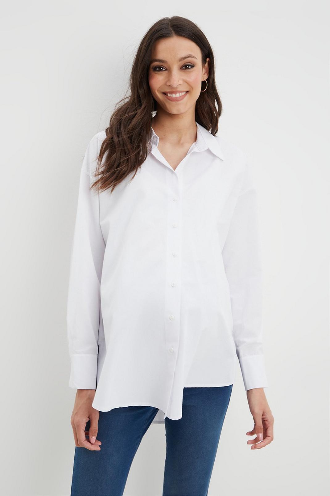 White Maternity Cotton Poplin Oversized Shirt image number 1