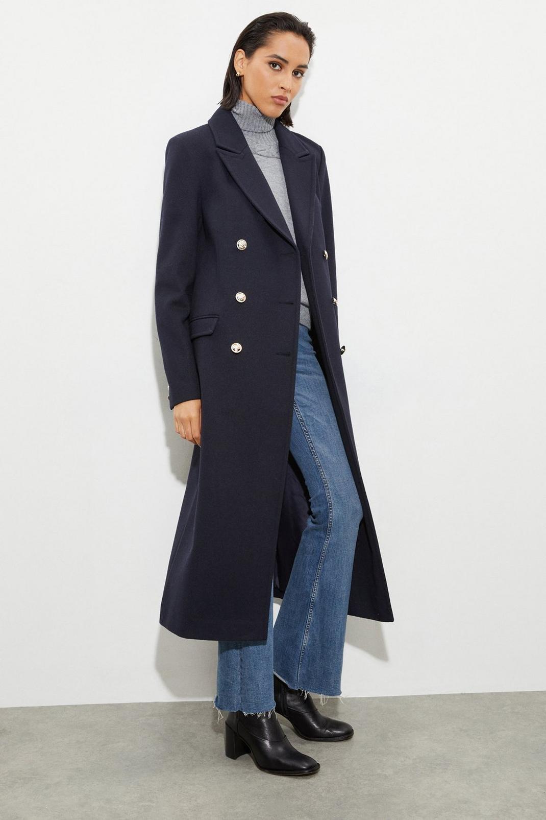 Navy Tall Longline Military Button Coat image number 1