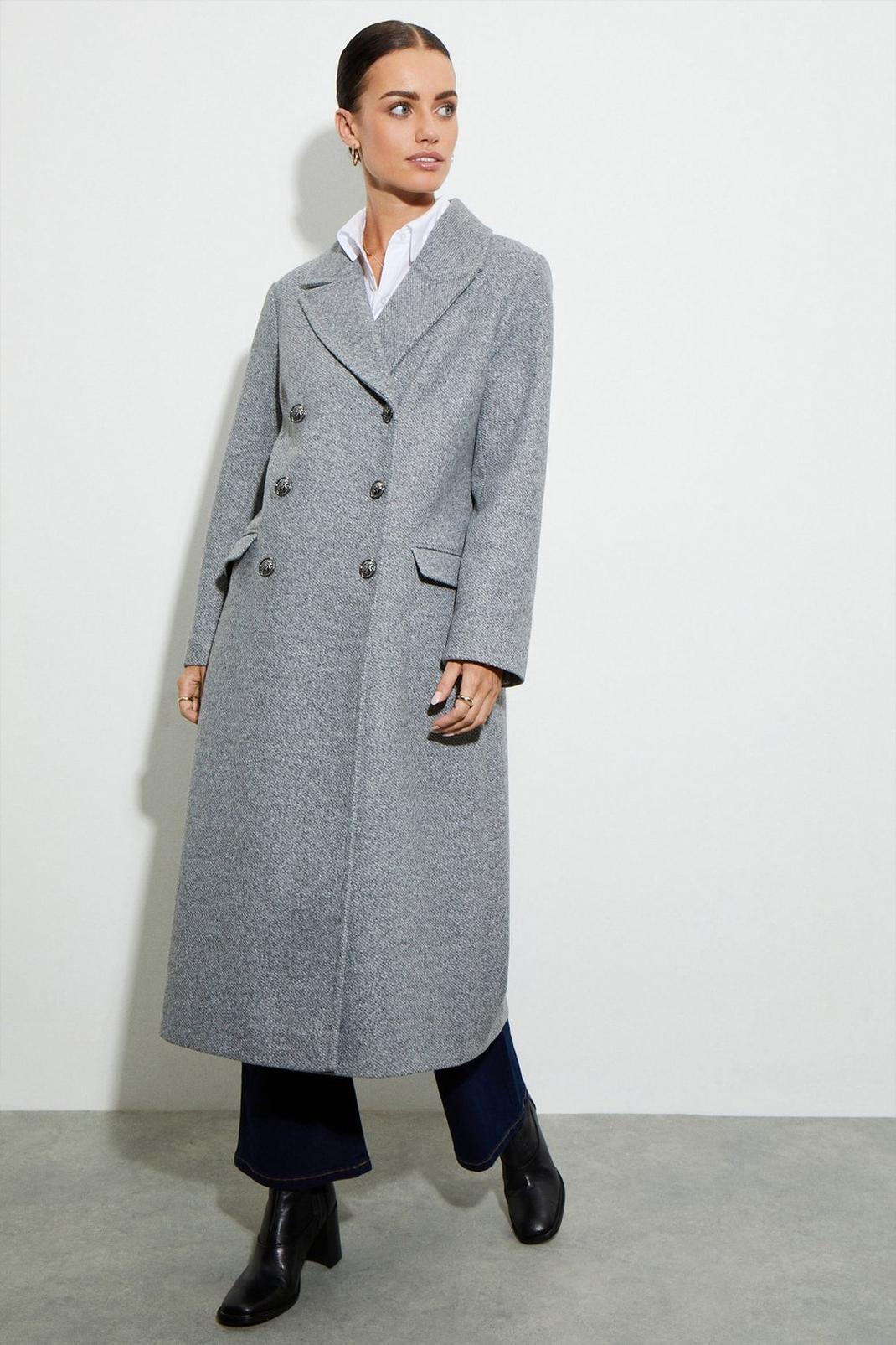 Grey marl Petite Longline Military Button Coat image number 1