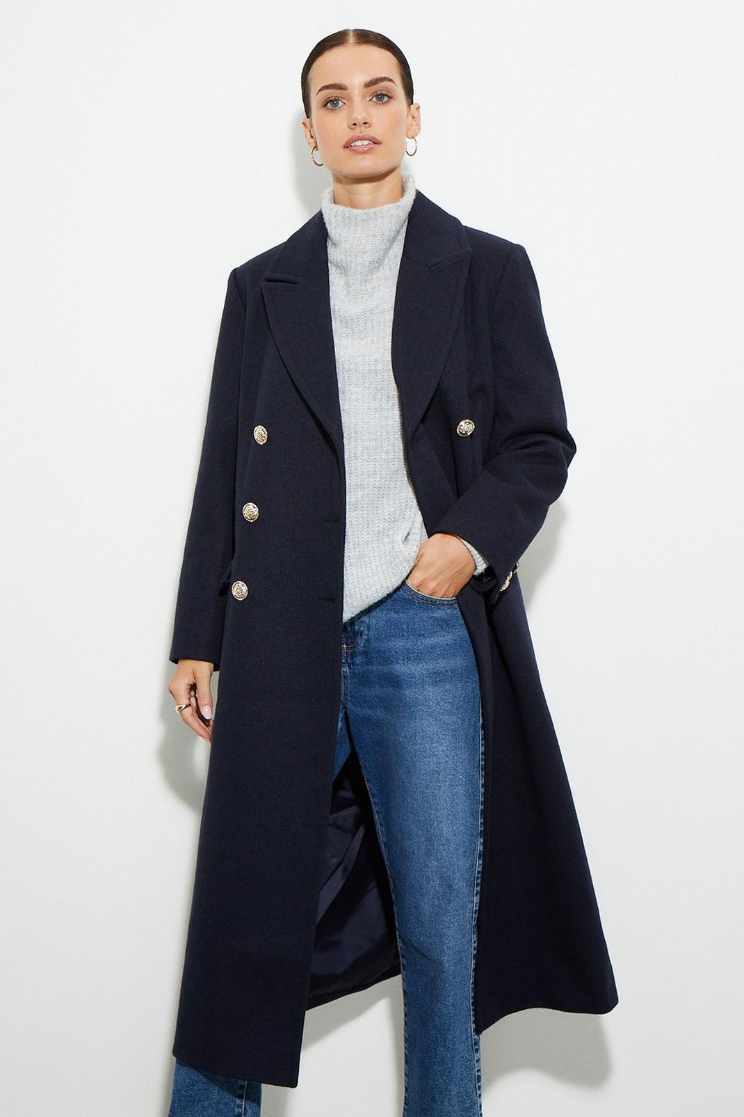 Navy Petite Longline Military Button Coat image number 1