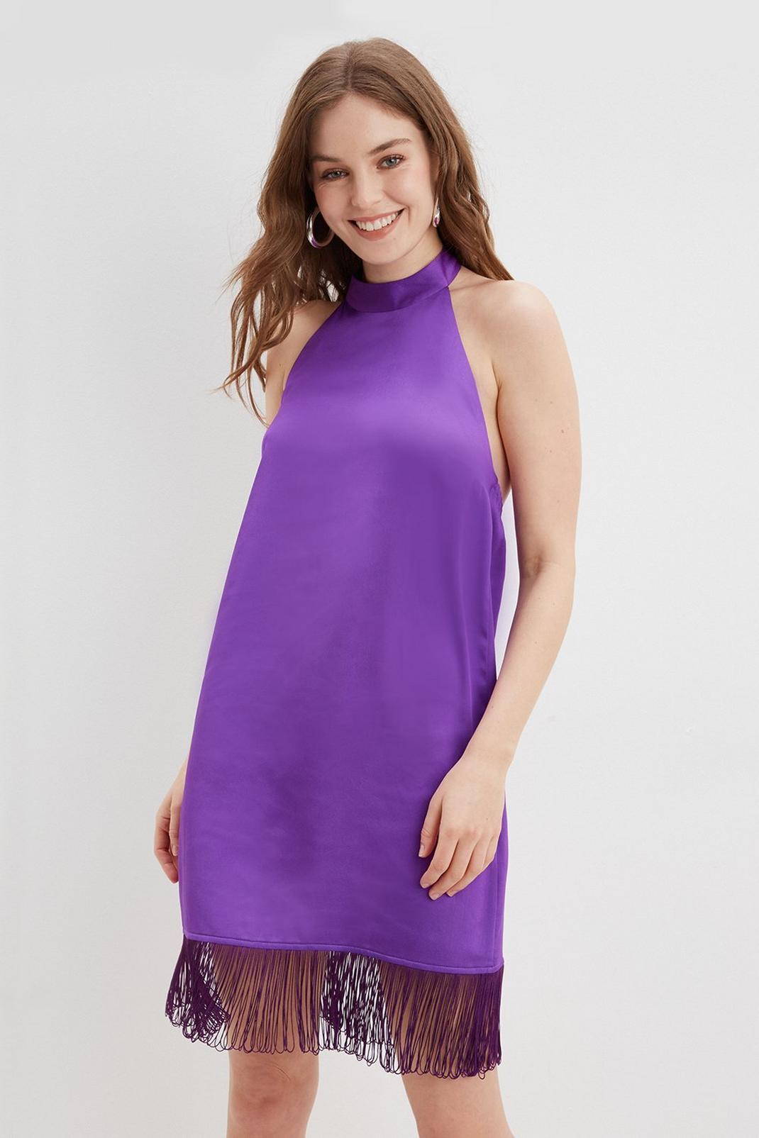 Purple Satin Fringed Halter Neck Mini Dress image number 1
