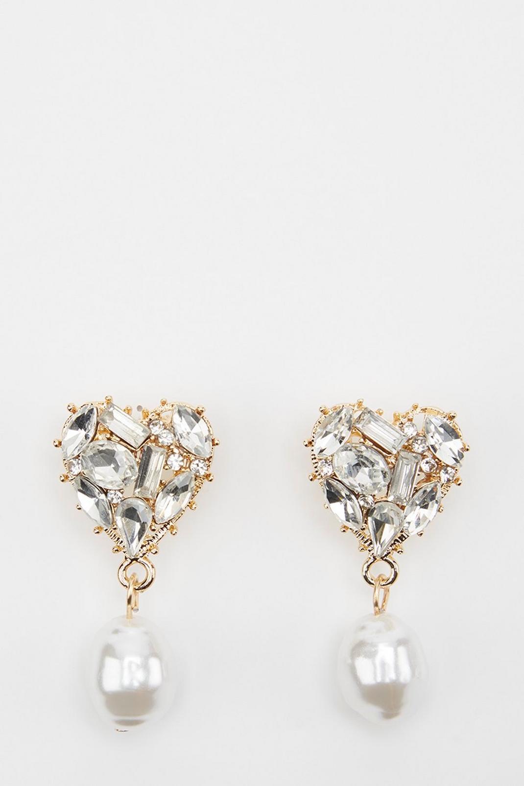 128 Diamante Heart Pearl Drop Earrings  image number 1
