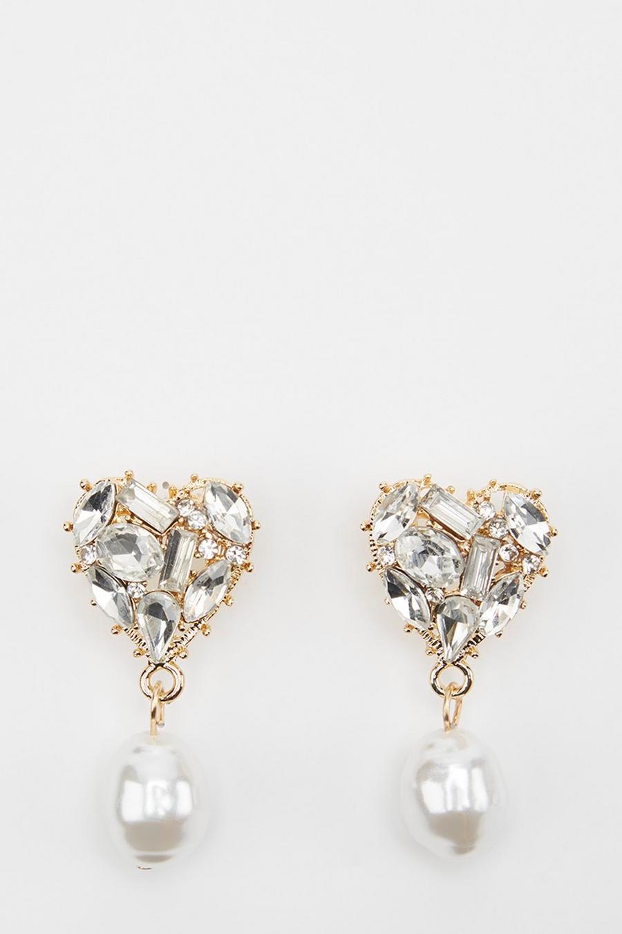 Diamante Heart Pearl Drop Earrings 