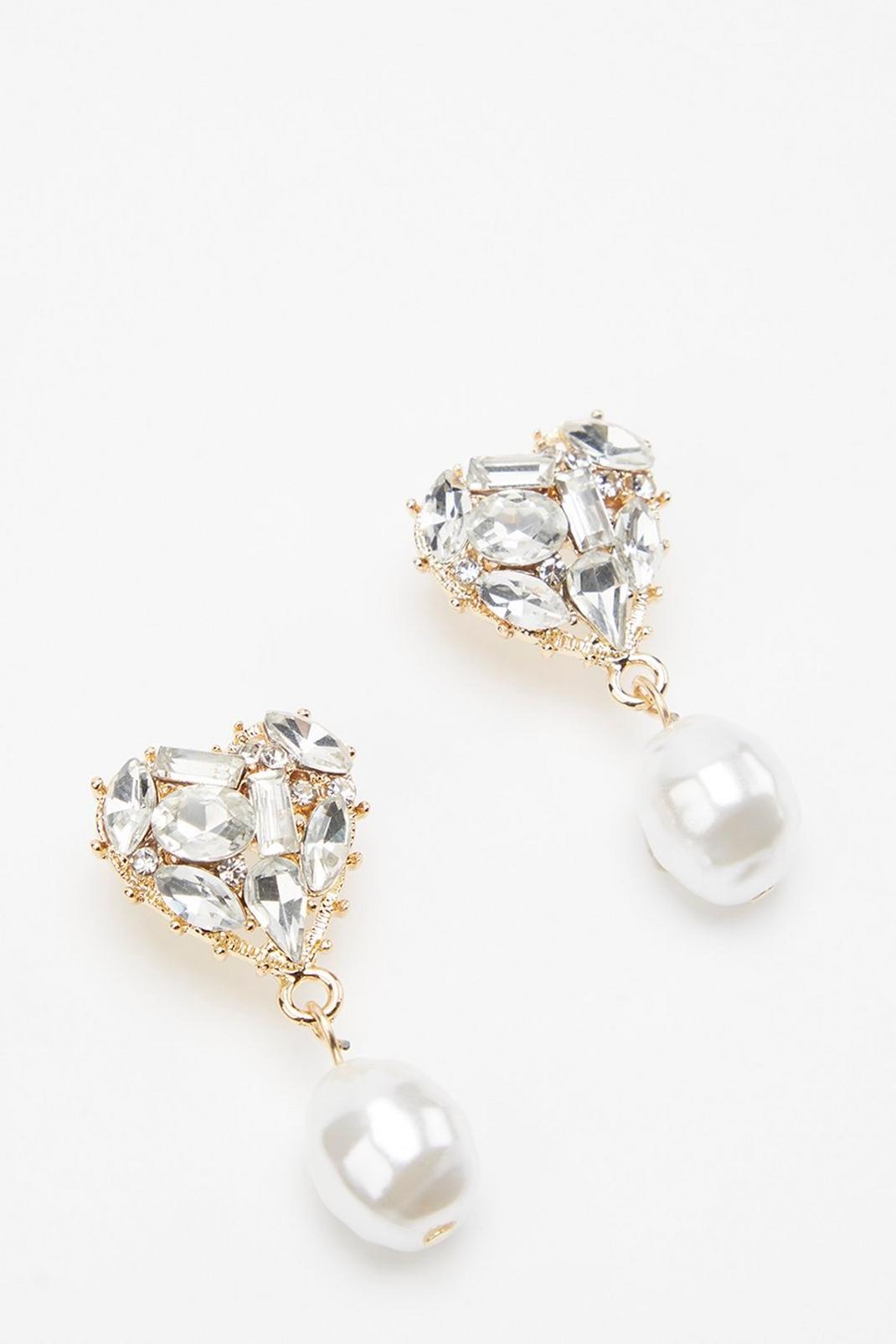 128 Diamante Heart Pearl Drop Earrings  image number 2