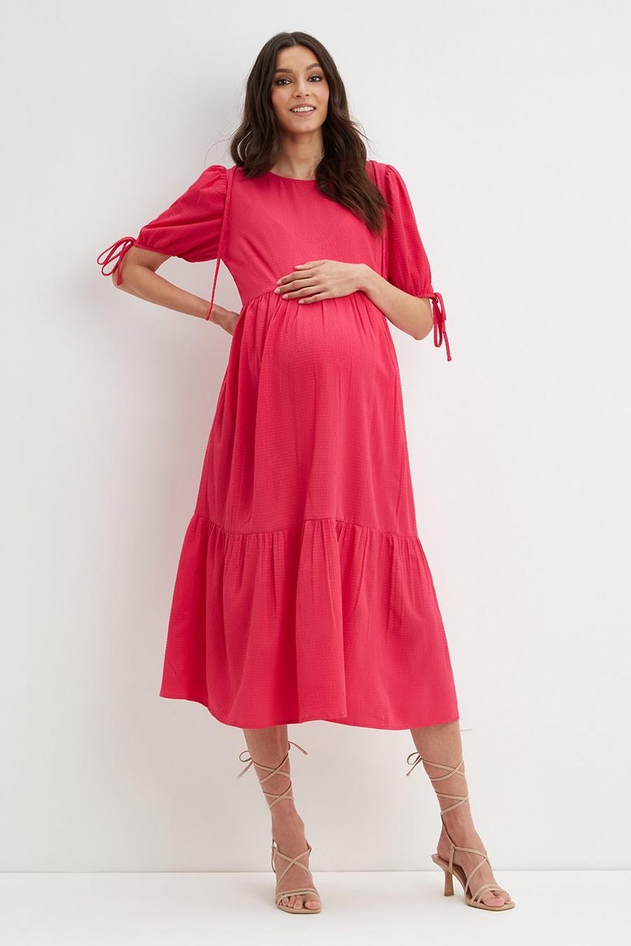 Maternity Pink Puff Sleeve Tiered Midi Dress
