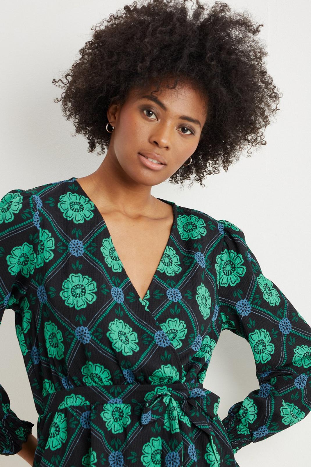 Green Tall Floral Geo Print Shirred Cuff Wrap Top image number 1