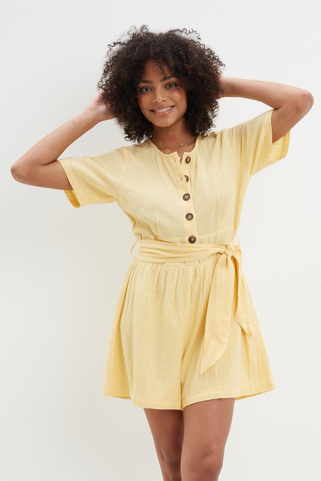 Desert yellow Short Sleeve Button Through Linen Look Playsuit image number 1