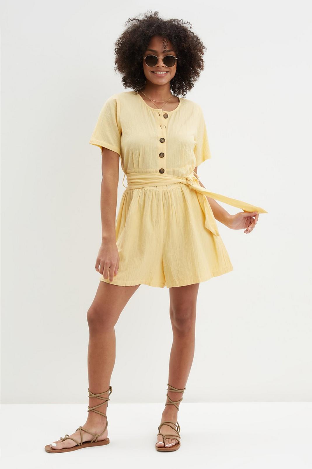 621 Short Sleeve Button Through Linen Playsuit image number 2