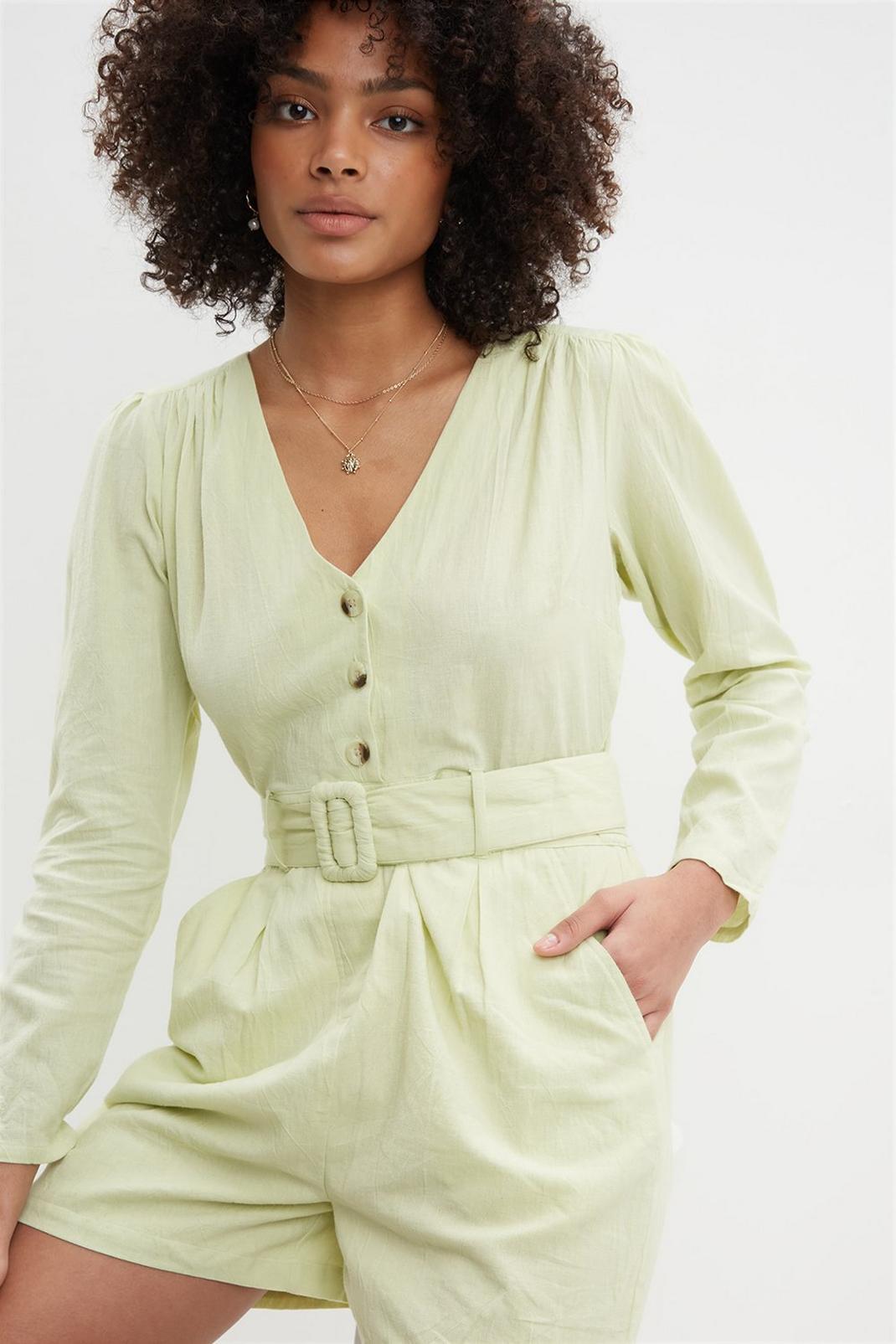 Lime Puff Sleeve Linen Look Playsuit image number 1