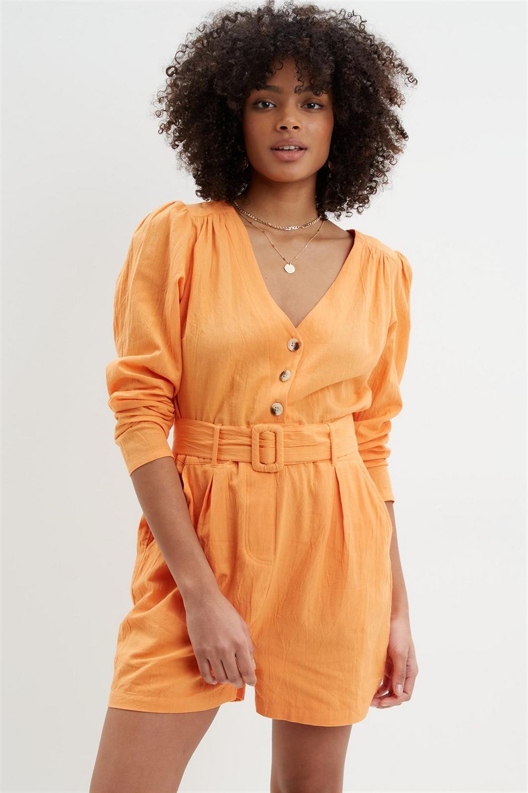 Orange Puff Sleeve Linen Look Playsuit image number 1