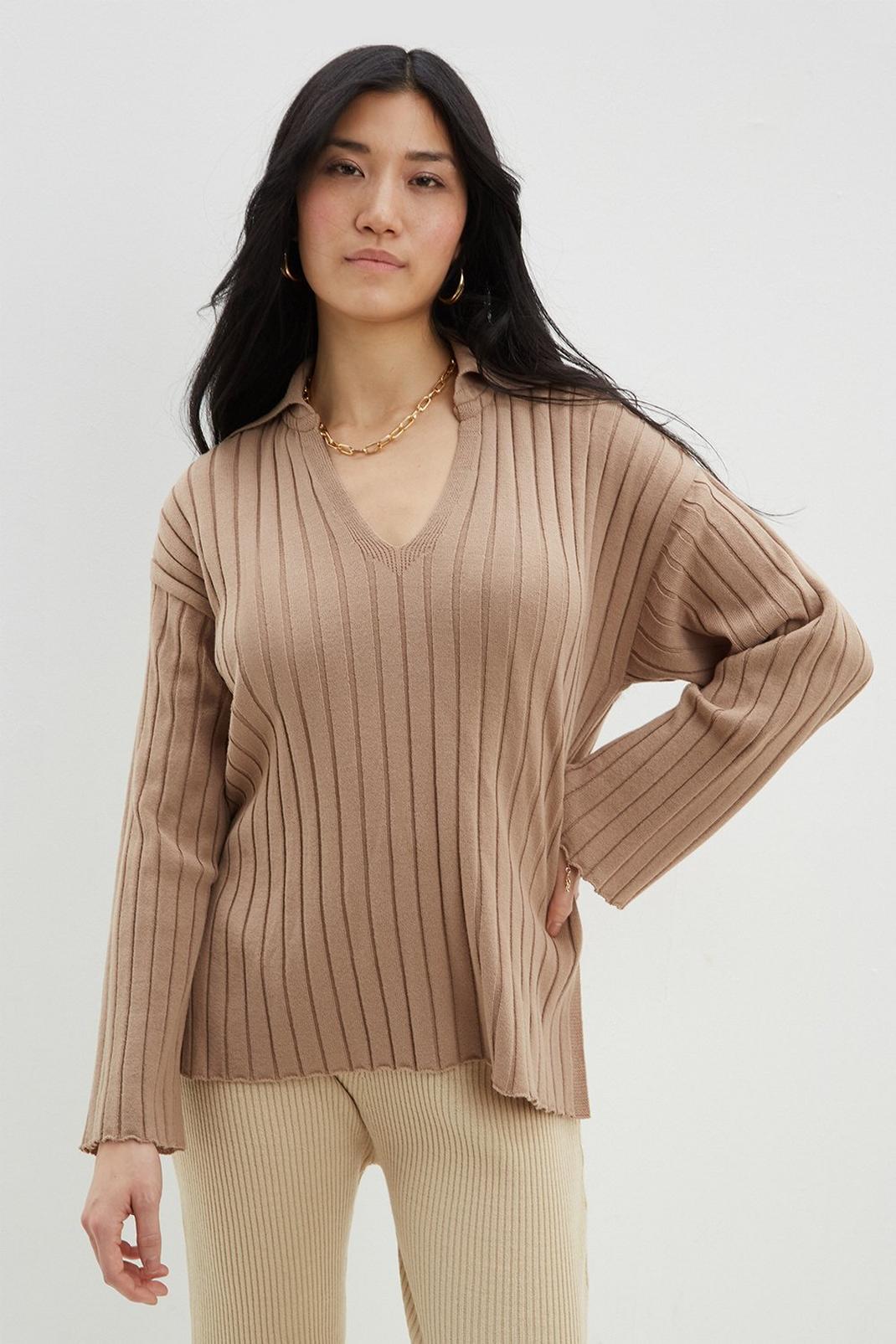 Camel Oversized Collared Knitted Tee image number 1