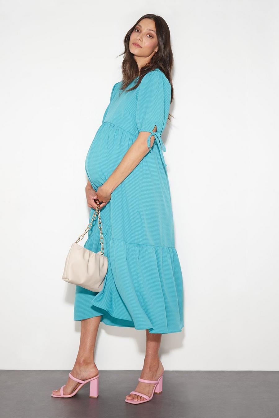Maternity Turquoise Puff Sleeve Tiered Midi Dress