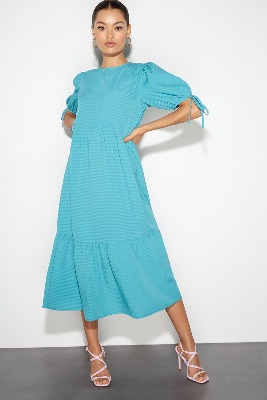 Petite Turquoise Puff Sleeve Tiered Midi Dress