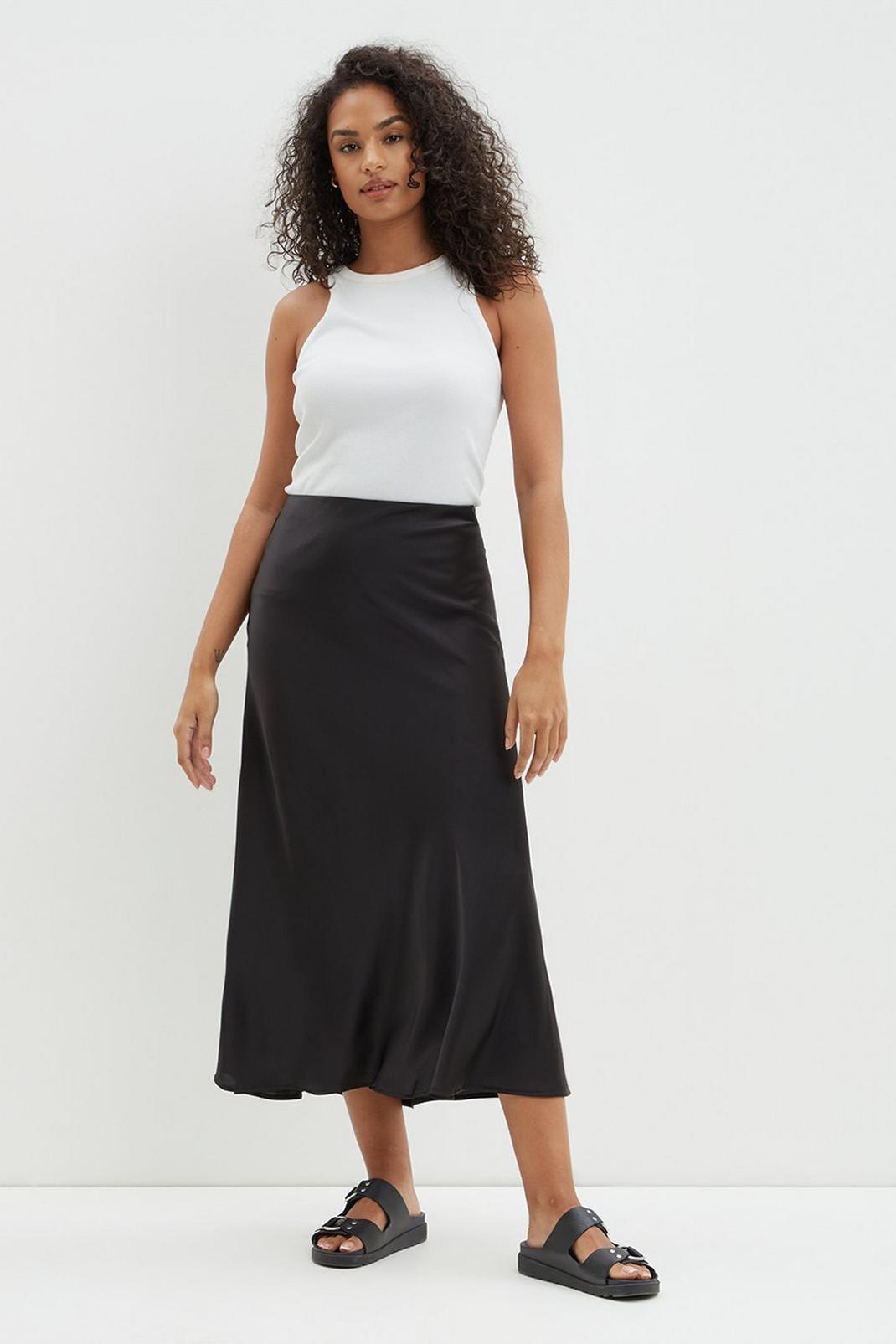 Black Satin Bias Cut Midi Skirt  image number 1