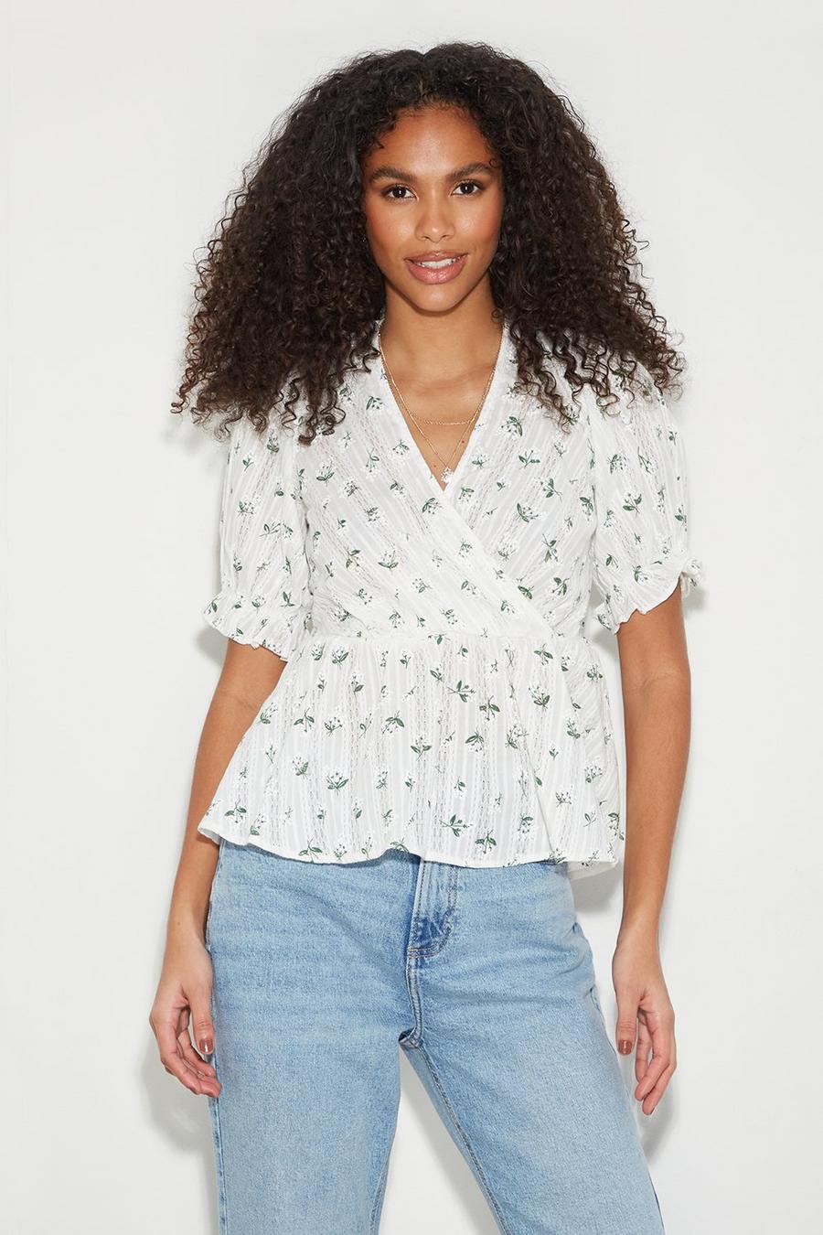 Print Broderie Wrap Front Top