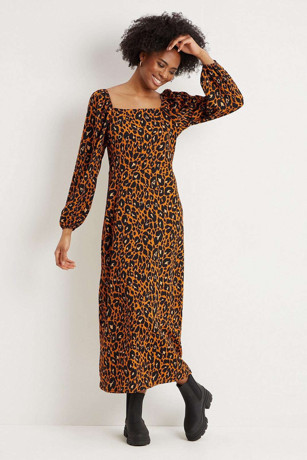 Tall Leopard Print Square Neck Midi Dress image number 1