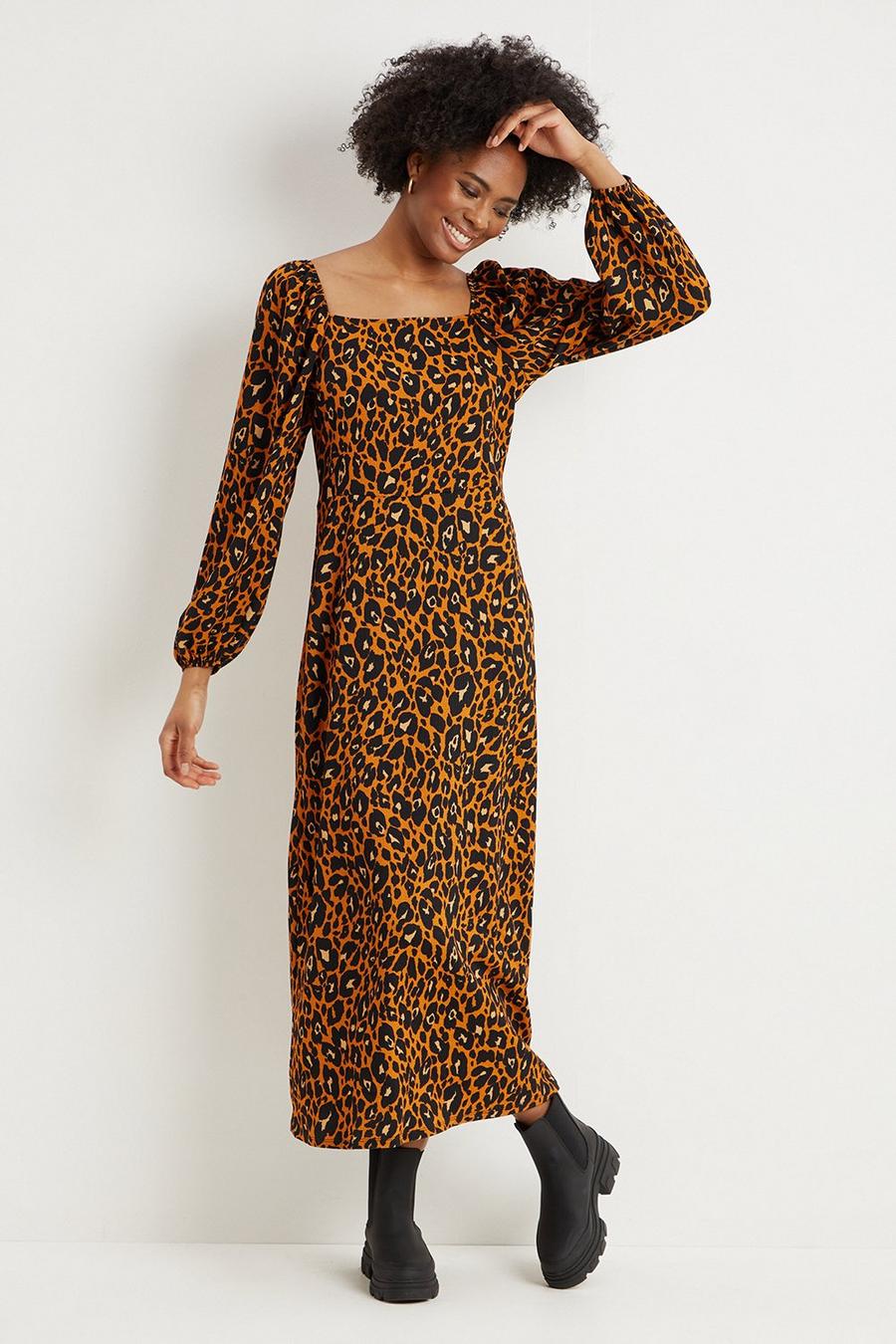 Tall Leopard Print Square Neck Midi Dress