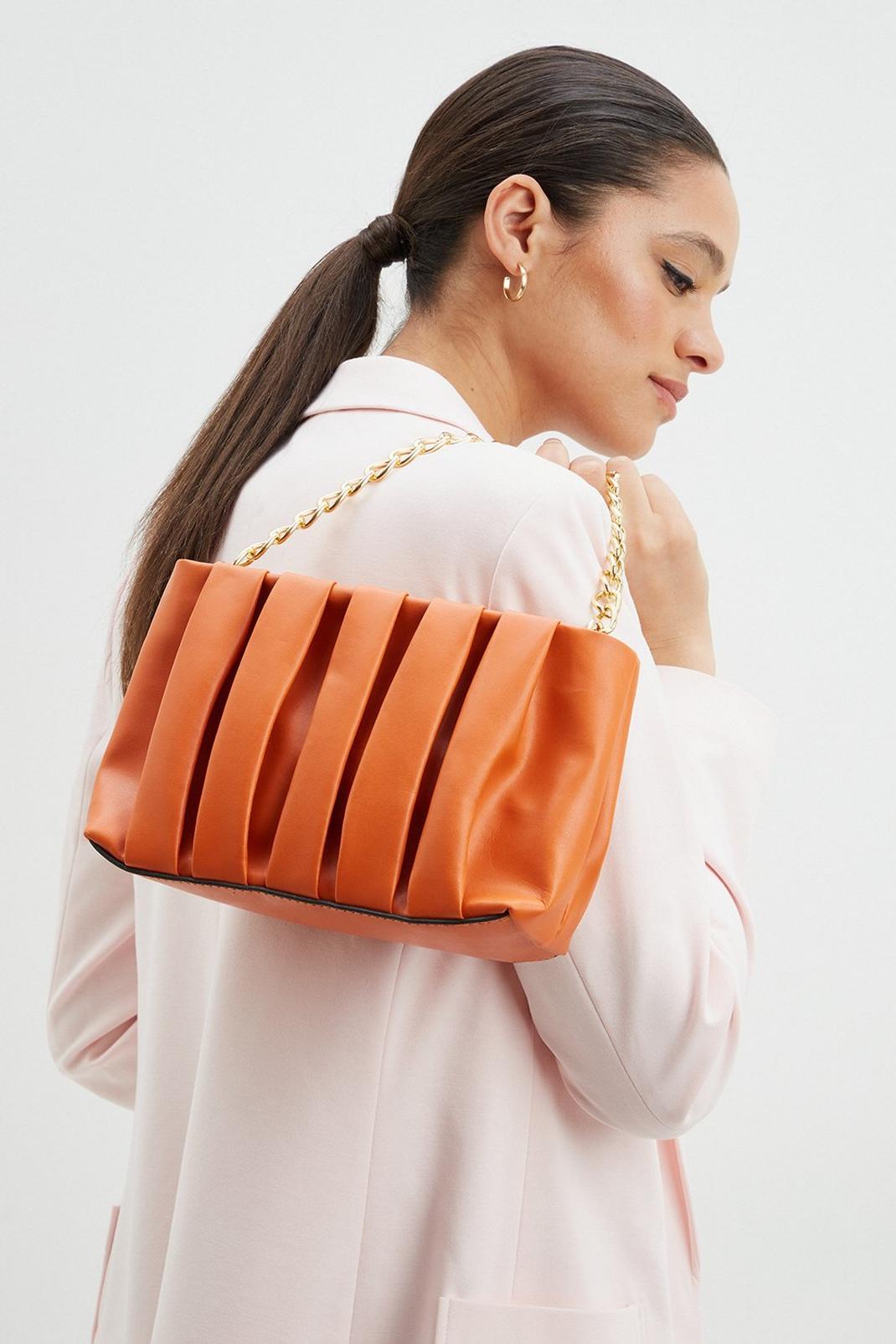 Orange Pleated Chain Handle Shoulder Bag image number 1