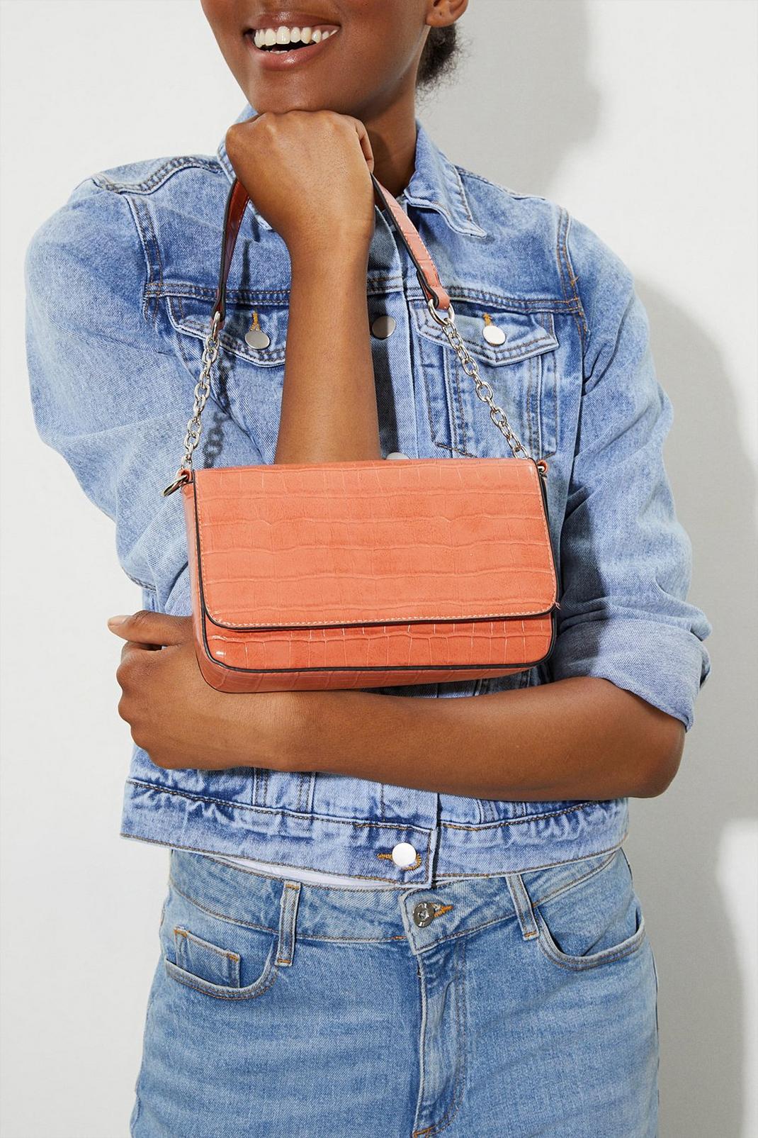 Peach Croc Rectangle Chain Detail Crossbody Bag image number 1