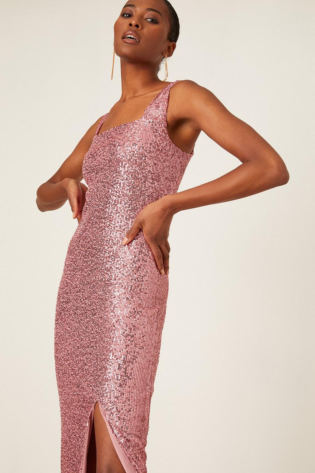 Pink Tall Square Neck Split Sequin Midi Dress image number 1