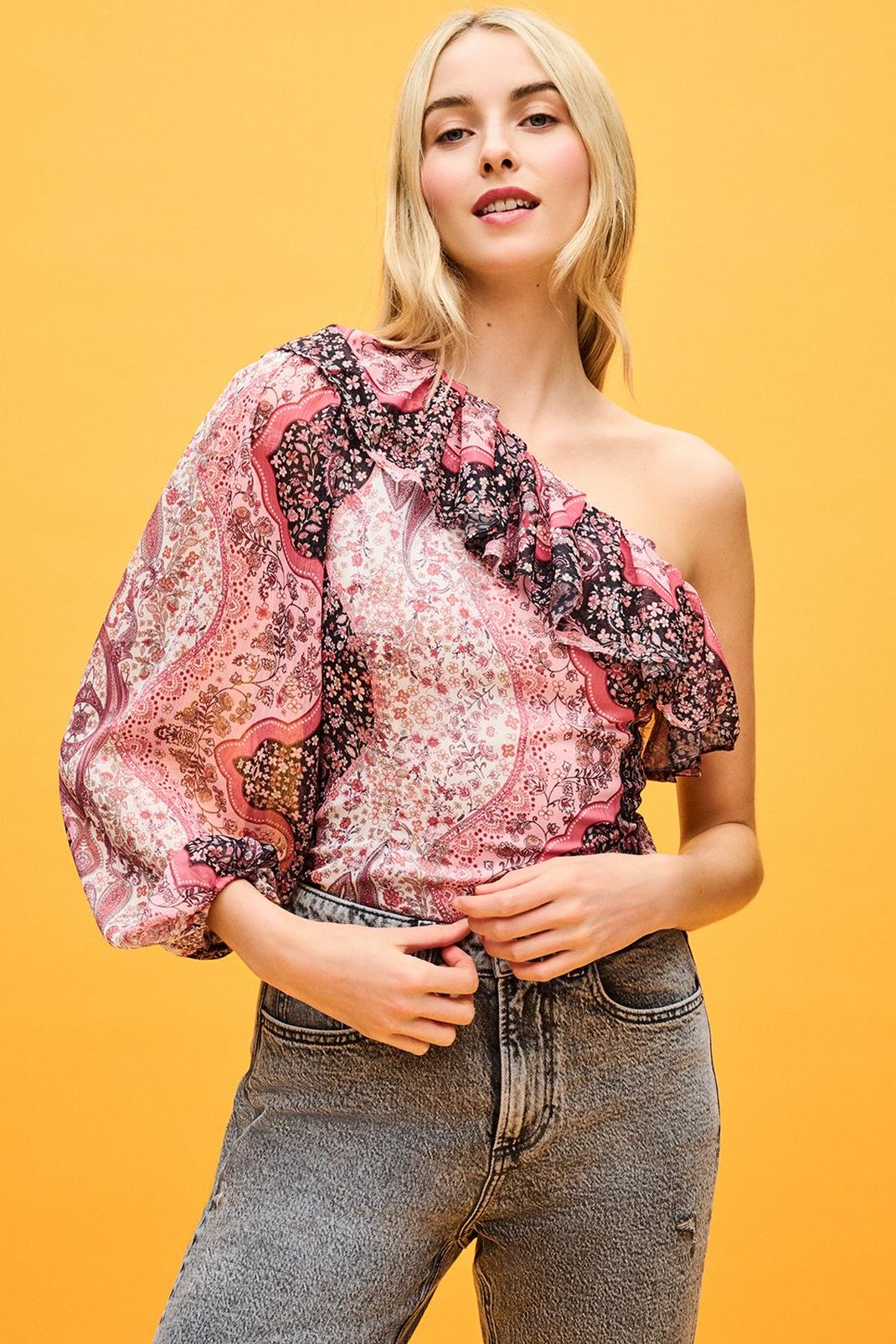 Pink Paisley Chiffon One Shoulder Blouse image number 1