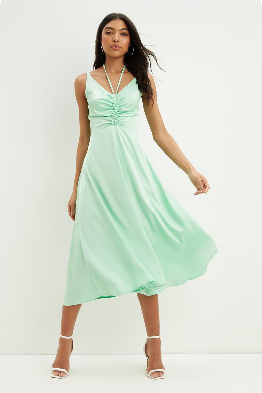 Green Ruched Front Satin Midi Dress