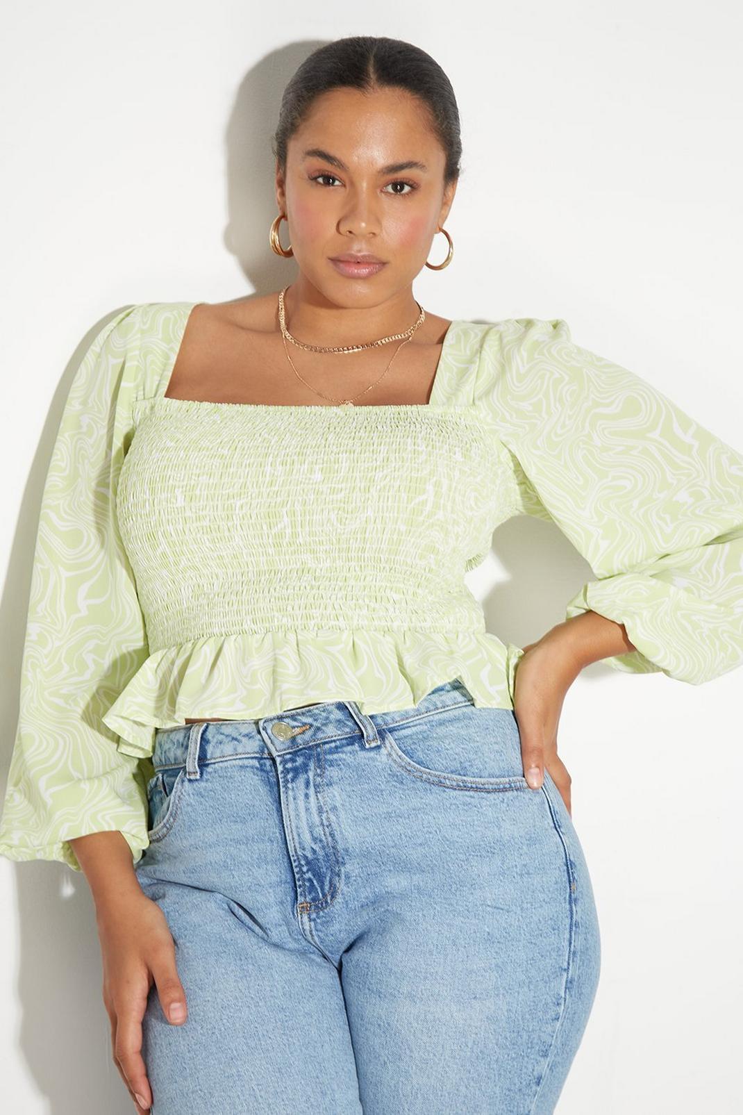 Green Curve Swirl Puff Sleeve Shirred Top image number 1