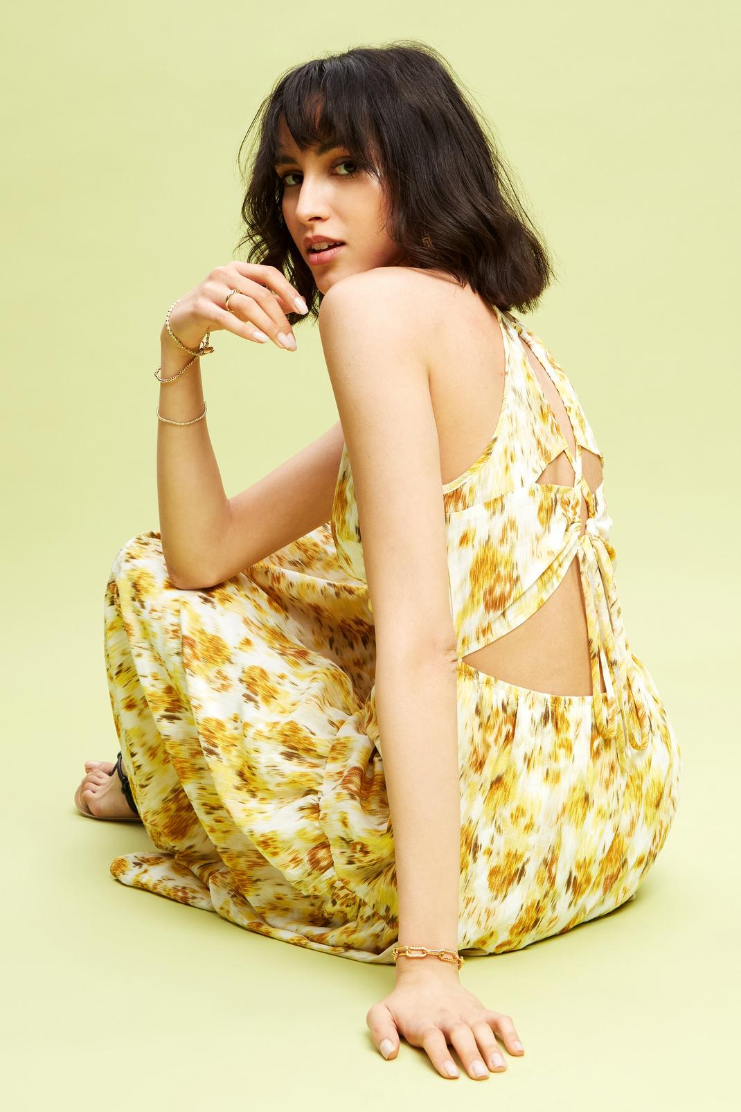 Yellow Abstract Floral Tie Back Strappy Midi Dress image number 1