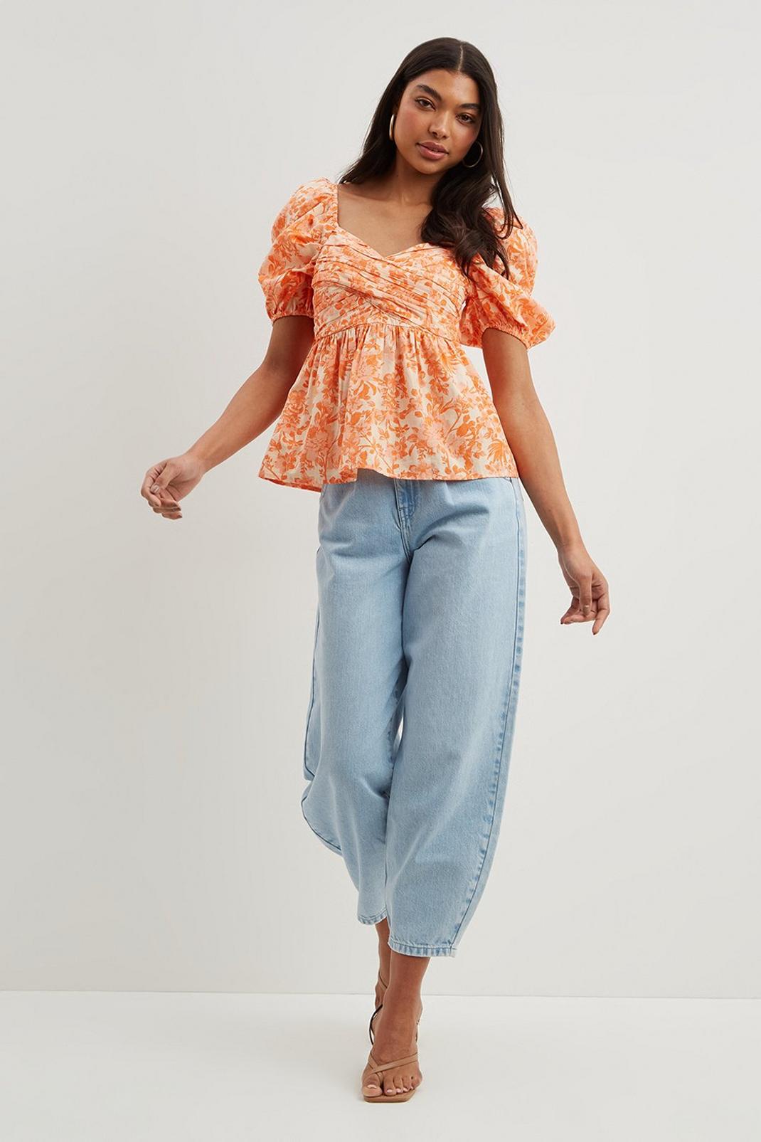Rust Floral  Ruched Sleeve Blouse image number 1