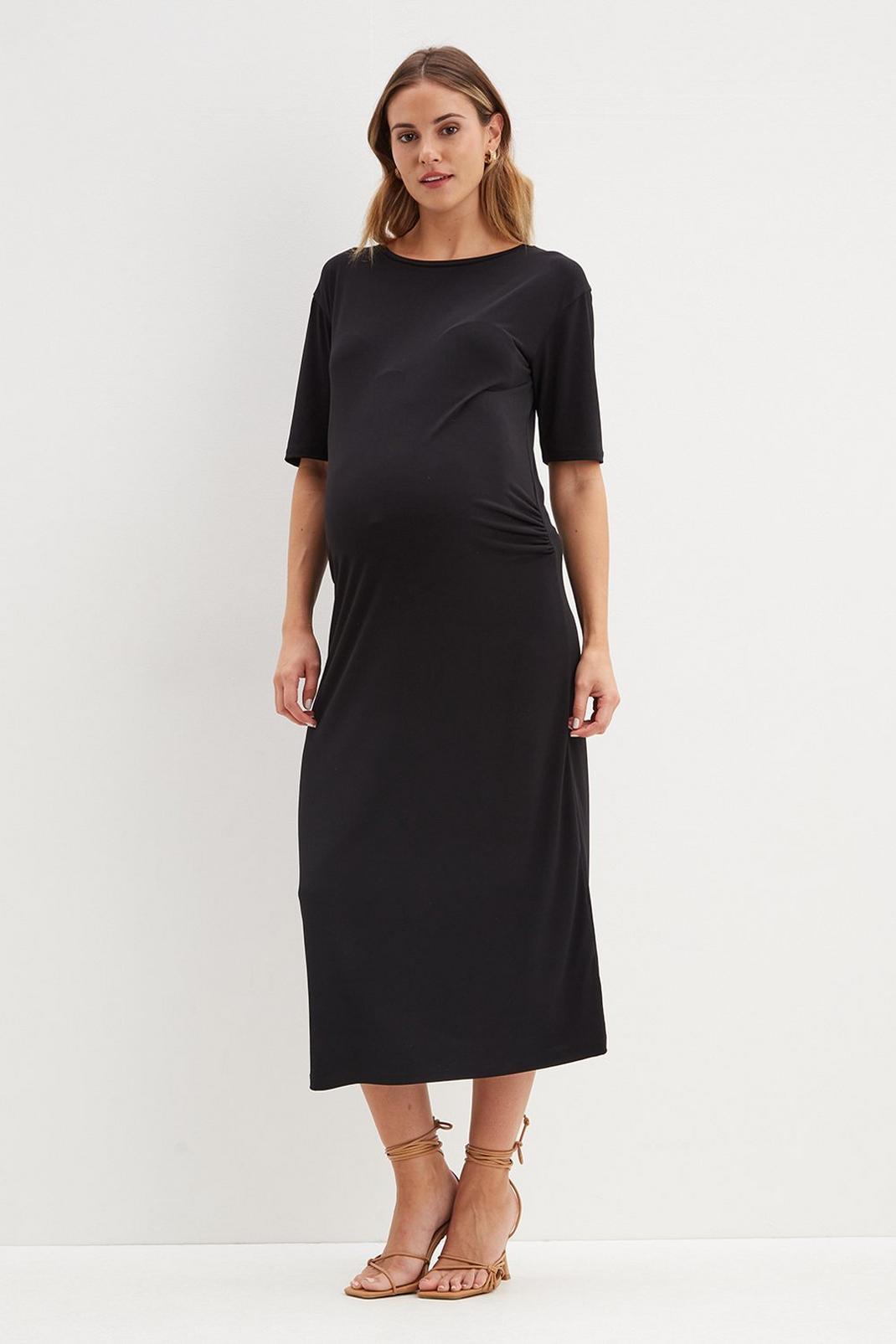 Black Maternity Drape Detail Midi Dress image number 1