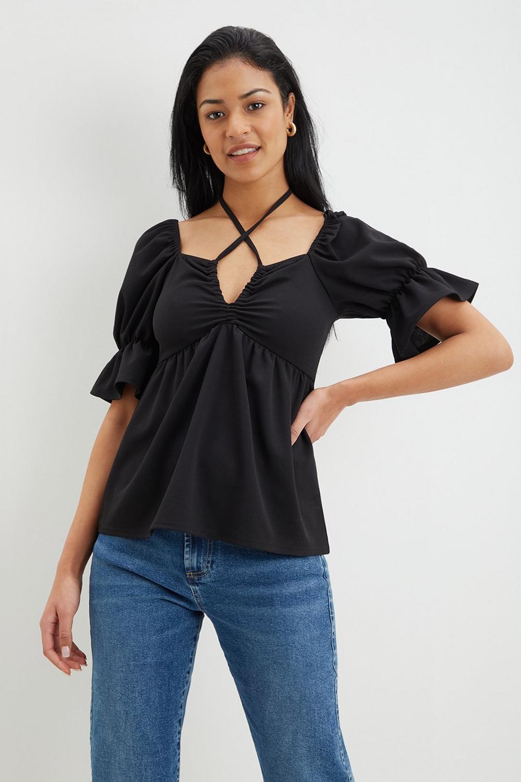 Black Strap Detail Puff Sleeve Blouse image number 1