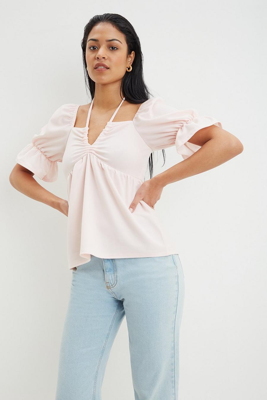 Strap Detail Puff Sleeve Blouse