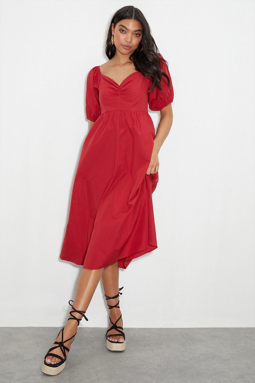 Dark Red Ruched Bardot Midi Dress image number 1