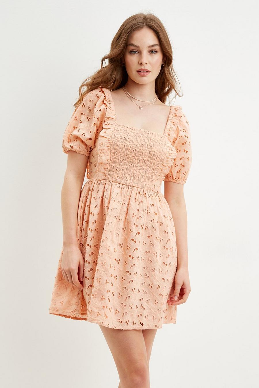 Apricot Broderie Shirred Mini Dress