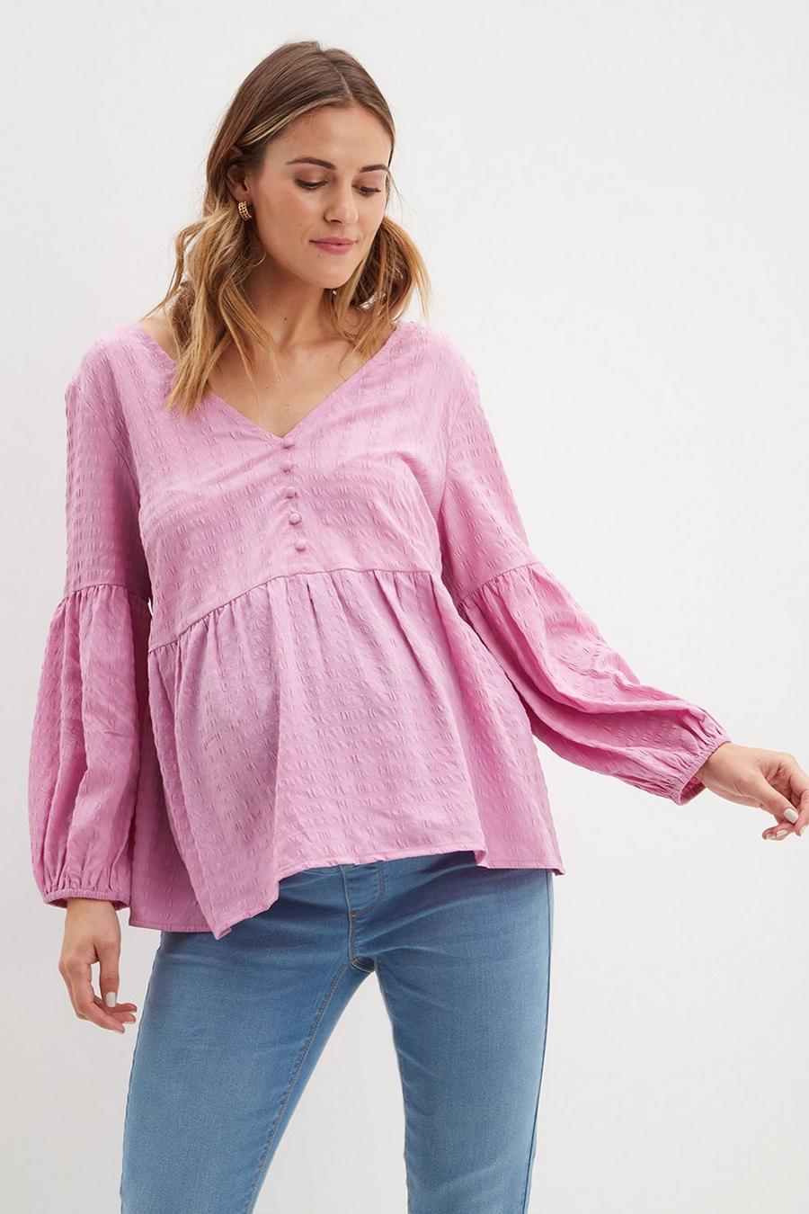 Maternity Pink Textured Button Through Top