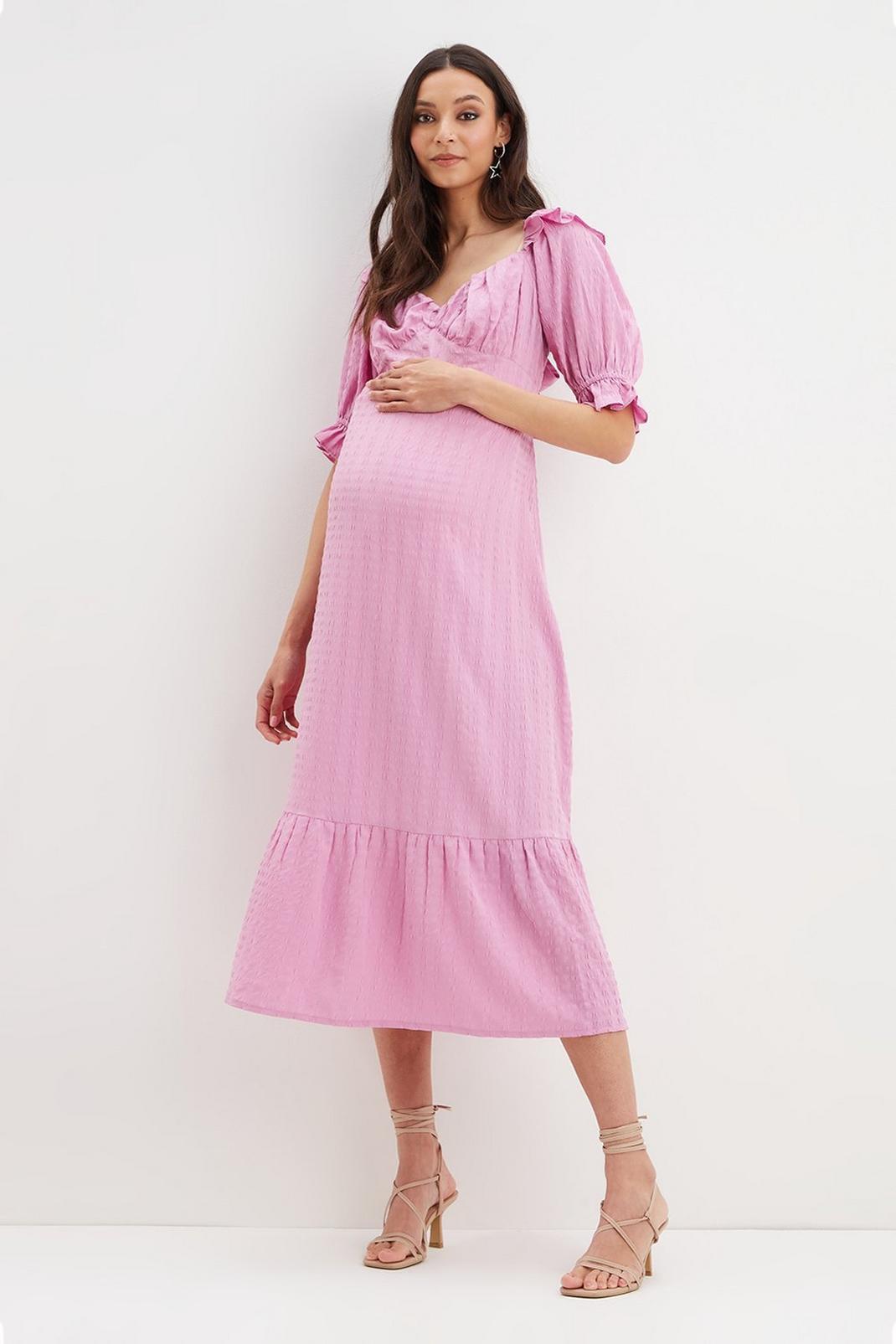 Maternity Pink Bow Back Puff Sleeve Midaxi Dress image number 1