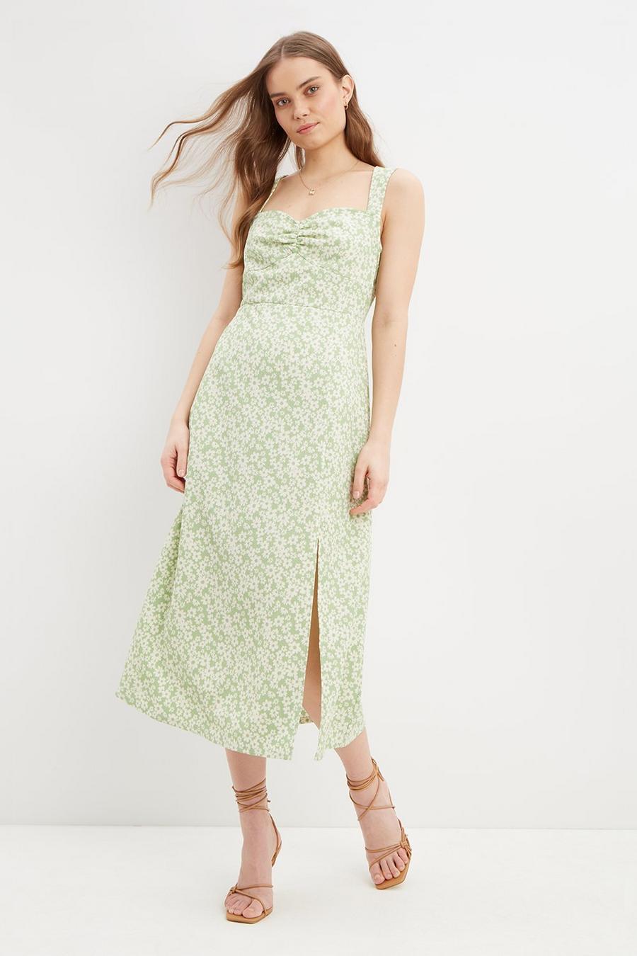  Sage Floral Textured Ruched Front Midi Dress