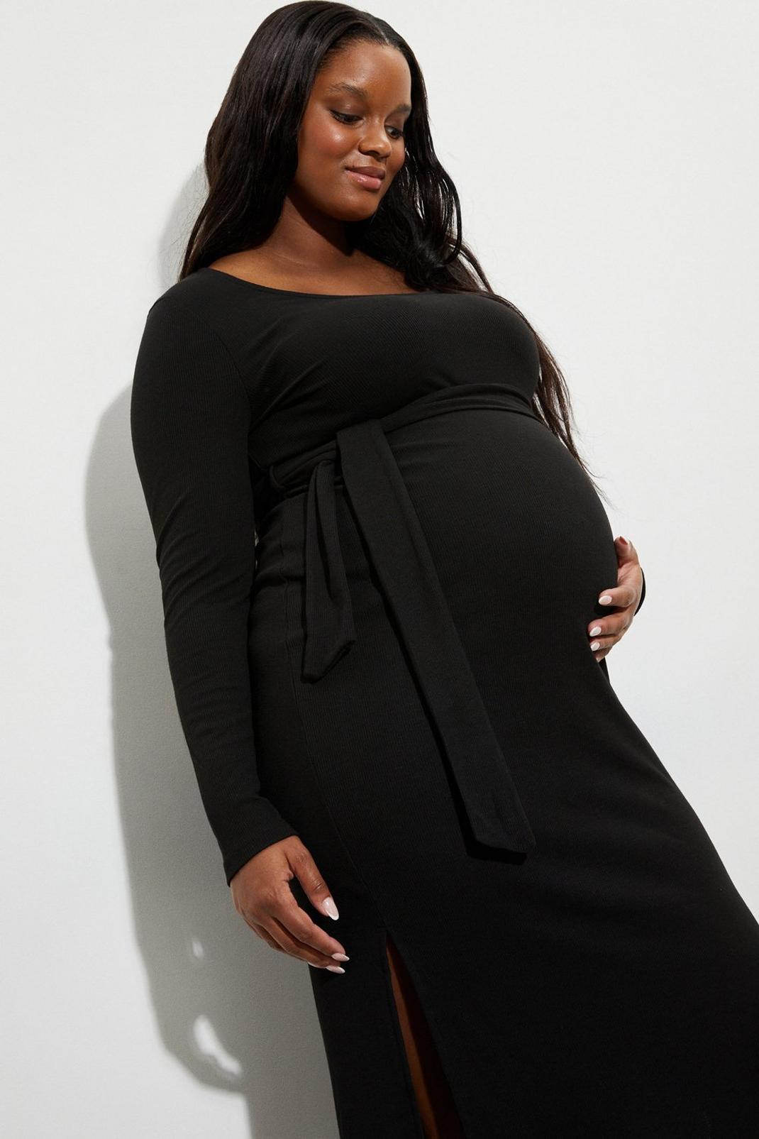 Black Maternity Tie Waist Midi Dress image number 1