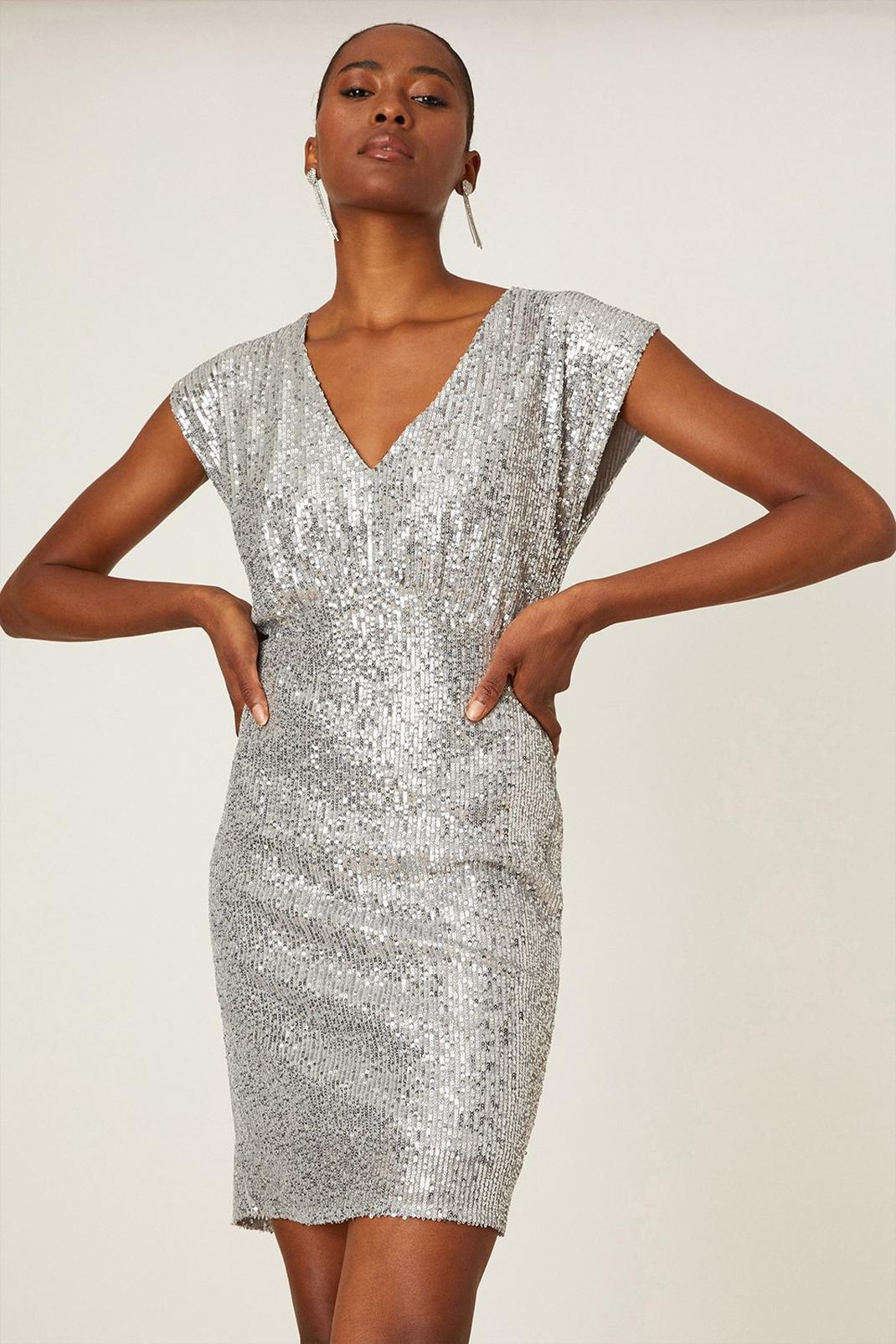 Silver Tall Plunge Sequin Mini Dress image number 1