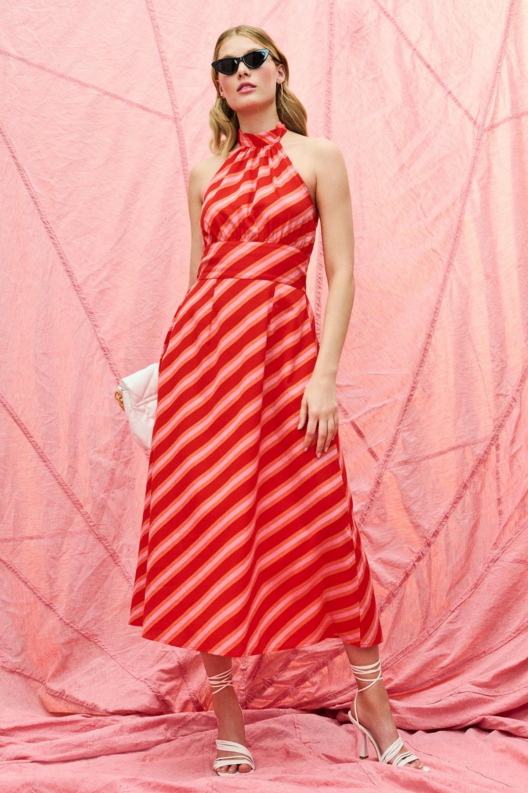 Red Striped Halter Tie Back Midi Dress image number 1