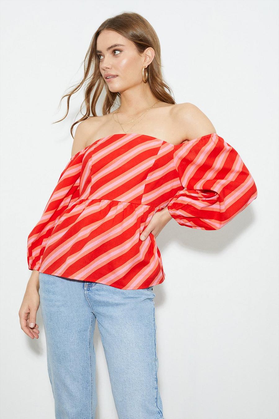 Red Striped Bardot Cut Out Linen Top