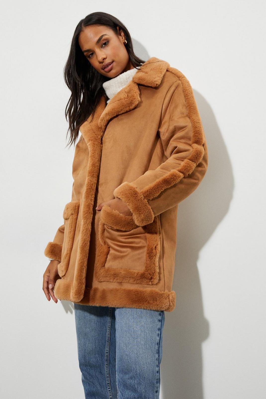Toffee Luxe Faux Fur Suedette Coat image number 1