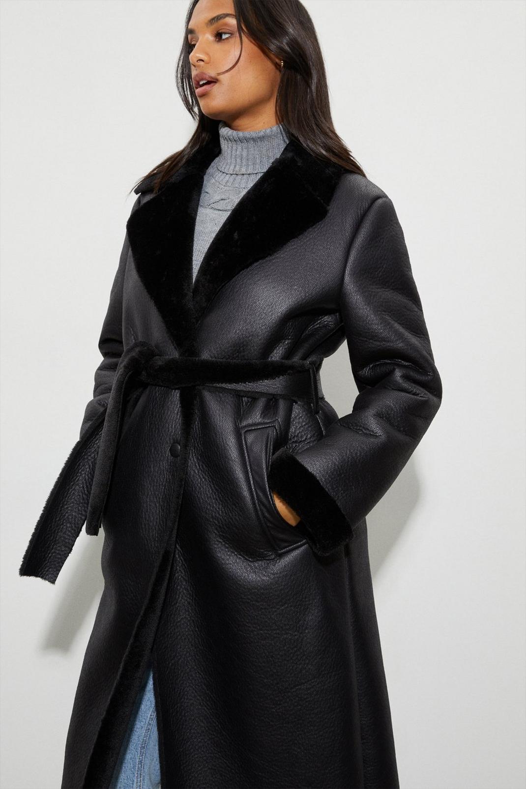 Black Luxe Faux Fur Belted Wrap Coat image number 1