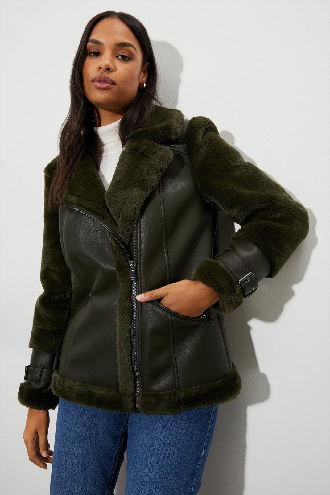 Olive Luxe Faux Fur Aviator Coat image number 1