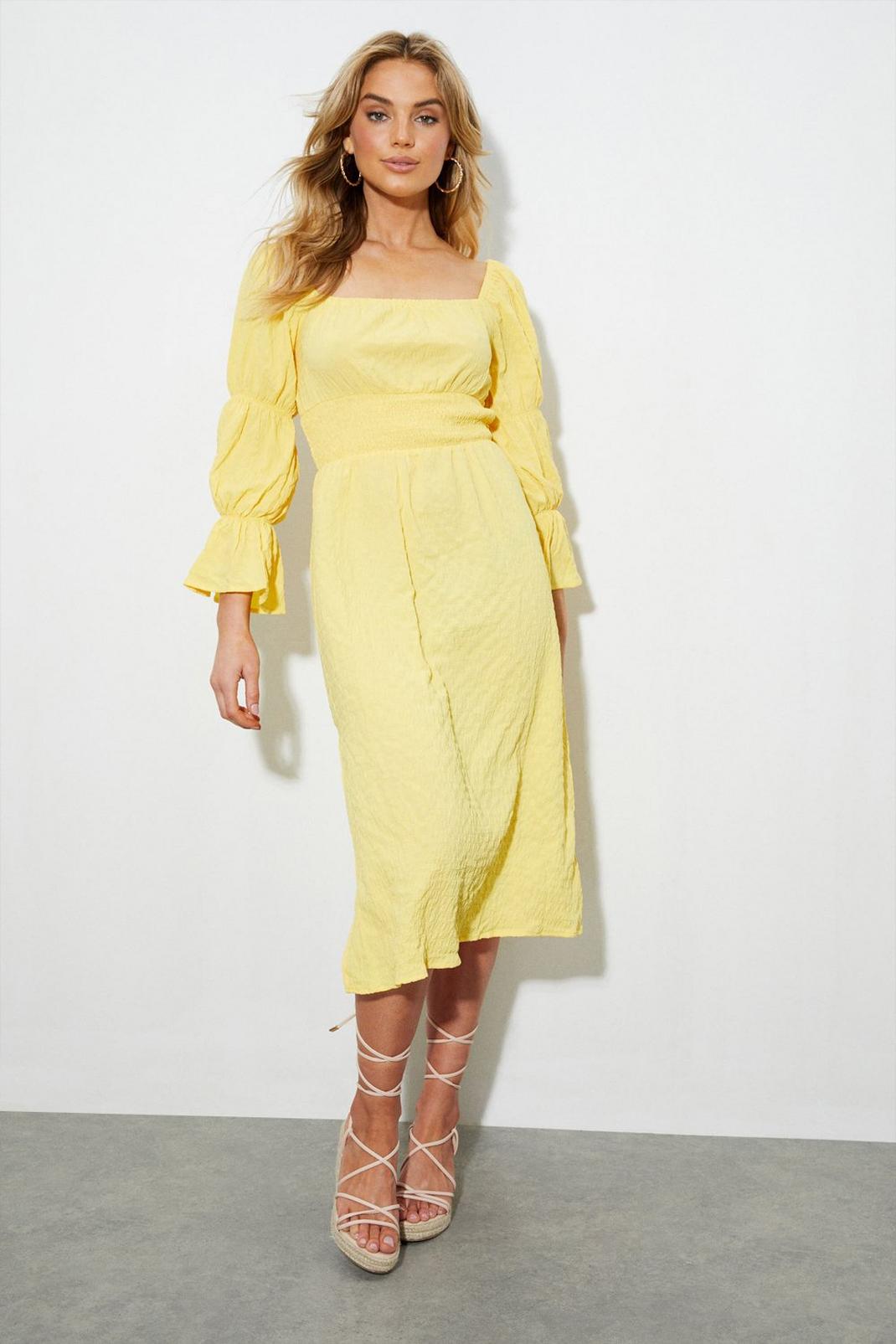 Yellow Puff Sleeve Shirred Midi Dress image number 1