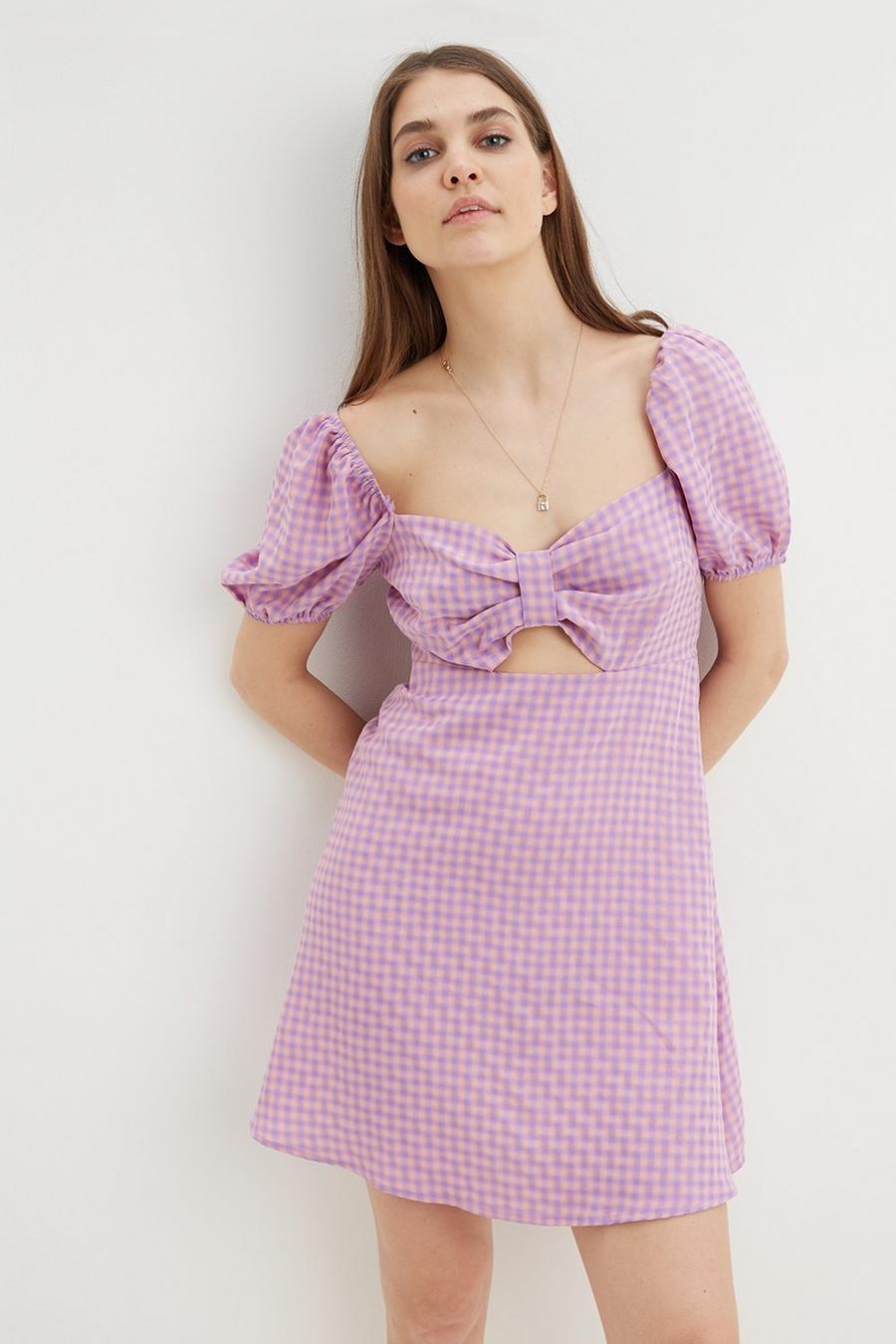 Lilac Gingham Puff Sleeve Mini Dress​