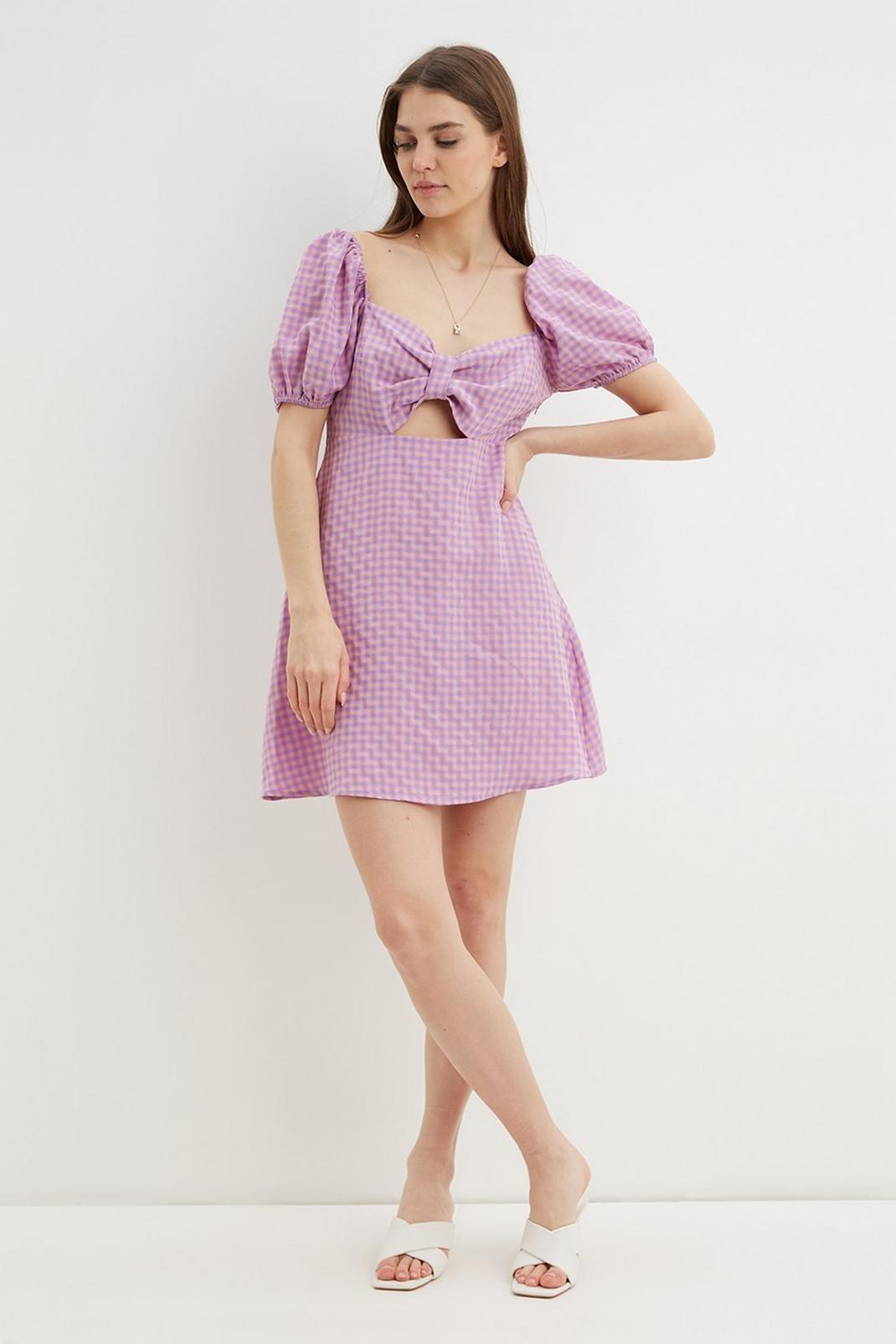 137 Lilac Gingham Puff Sleeve Mini Dress​ image number 2