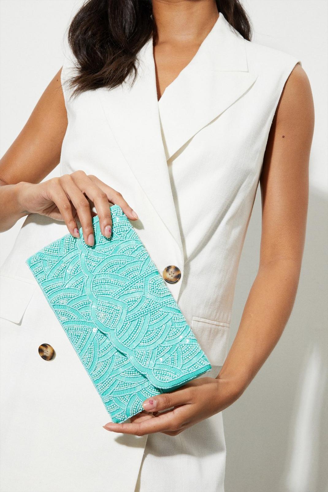 Turquoise Tonal Beaded Scallop Edge Clutch image number 1
